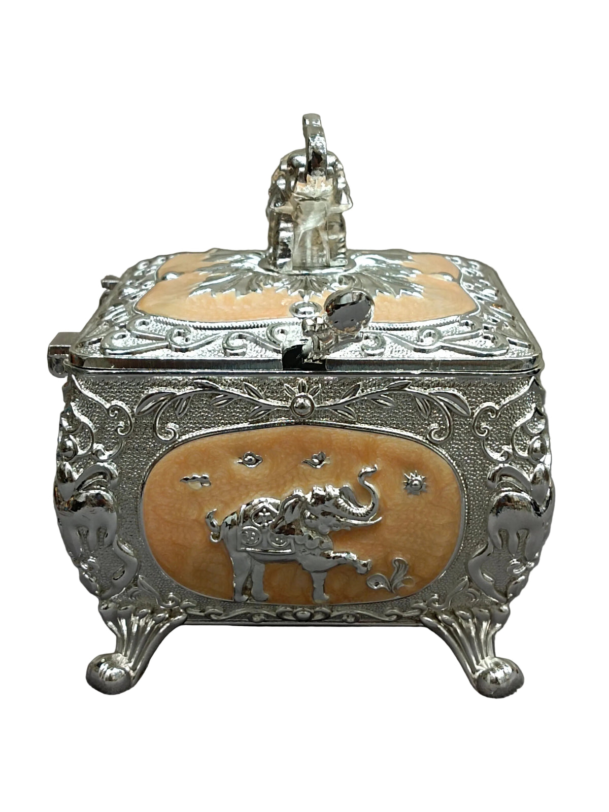 Silver Elephant Square Bowl with Hinged Lid – Royal Decor Box