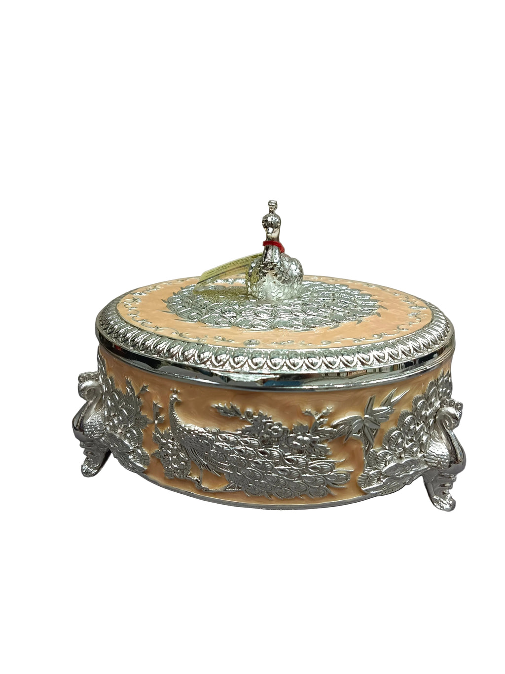 Silver Peacock Round Box with Lid – Royal Dry Fruit Box