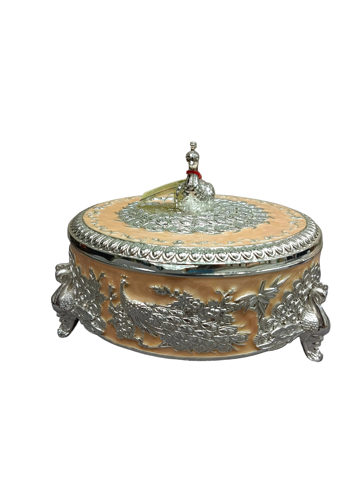 Silver Peacock Round Box with Lid – Royal Dry Fruit Box