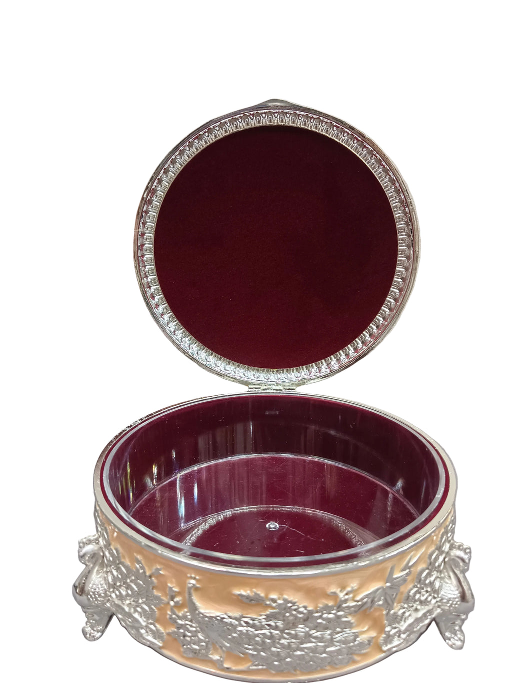 Silver Peacock Round Box with Lid – Royal Dry Fruit Box