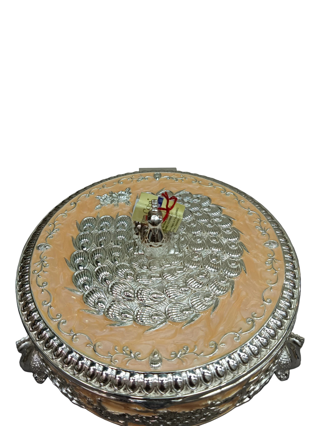 Silver Peacock Round Box with Lid – Royal Dry Fruit Box