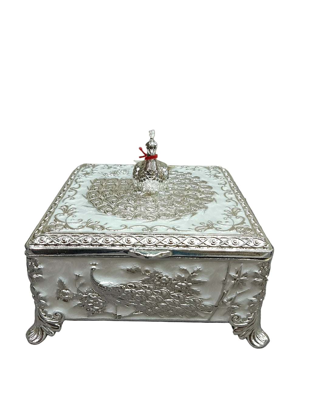 Silver Peacock Square Jewellery Box – Velvet-Lined with Hinged Lid