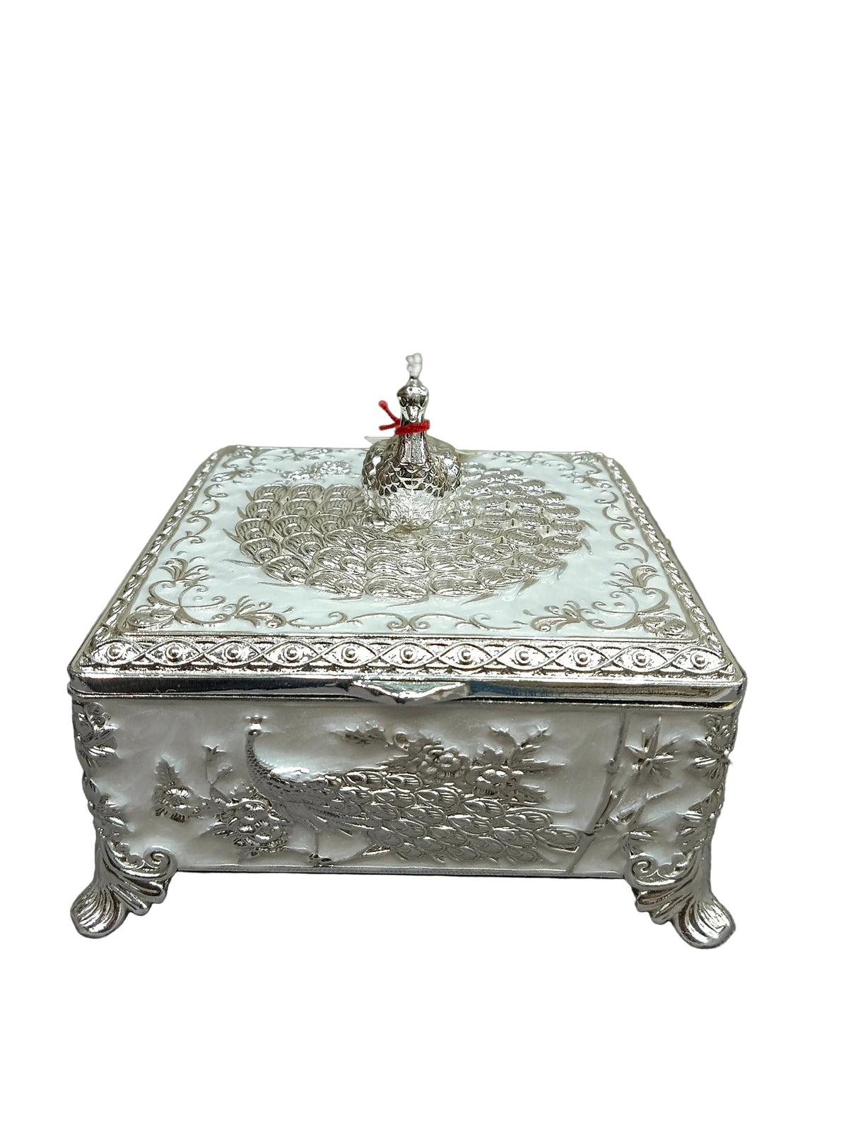 Silver Peacock Square Jewellery Box – Velvet-Lined with Hinged Lid