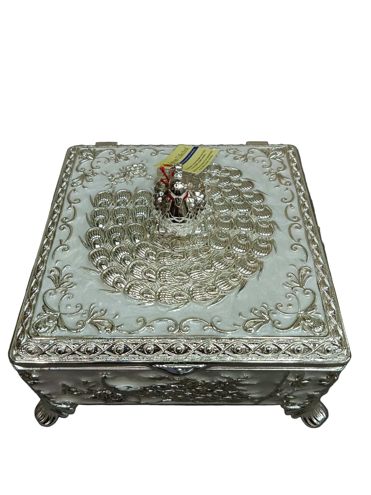 Silver Peacock Square Jewellery Box – Velvet-Lined with Hinged Lid