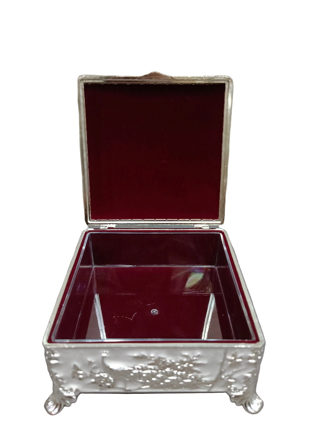 Silver Peacock Square Jewellery Box – Velvet-Lined with Hinged Lid