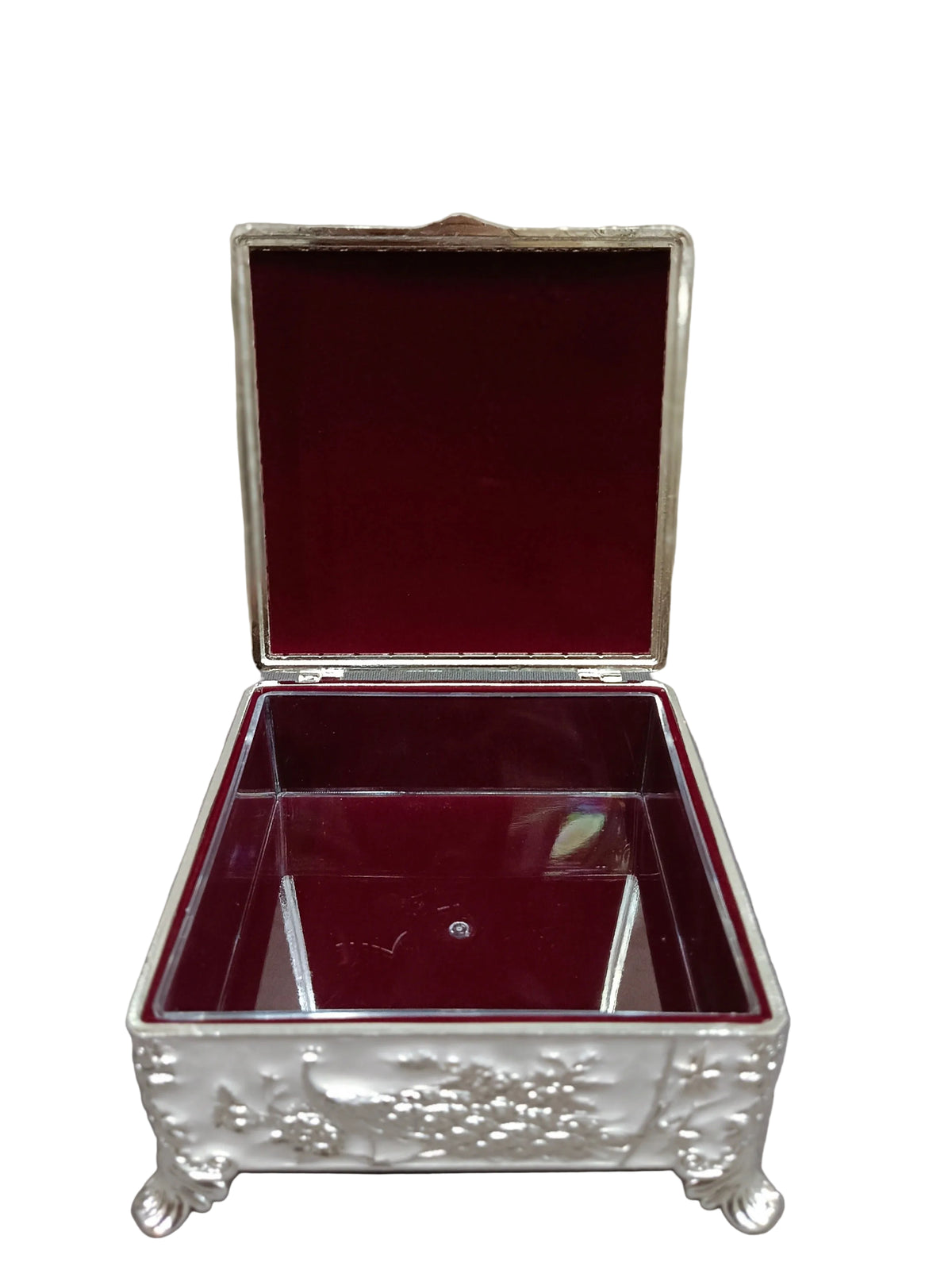 Silver Peacock Square Jewellery Box – Velvet-Lined with Hinged Lid