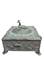 Silver Peacock Square Jewellery Box – Velvet-Lined with Hinged Lid