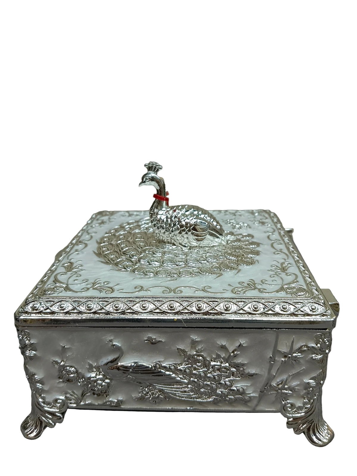 Silver Peacock Square Jewellery Box – Velvet-Lined with Hinged Lid