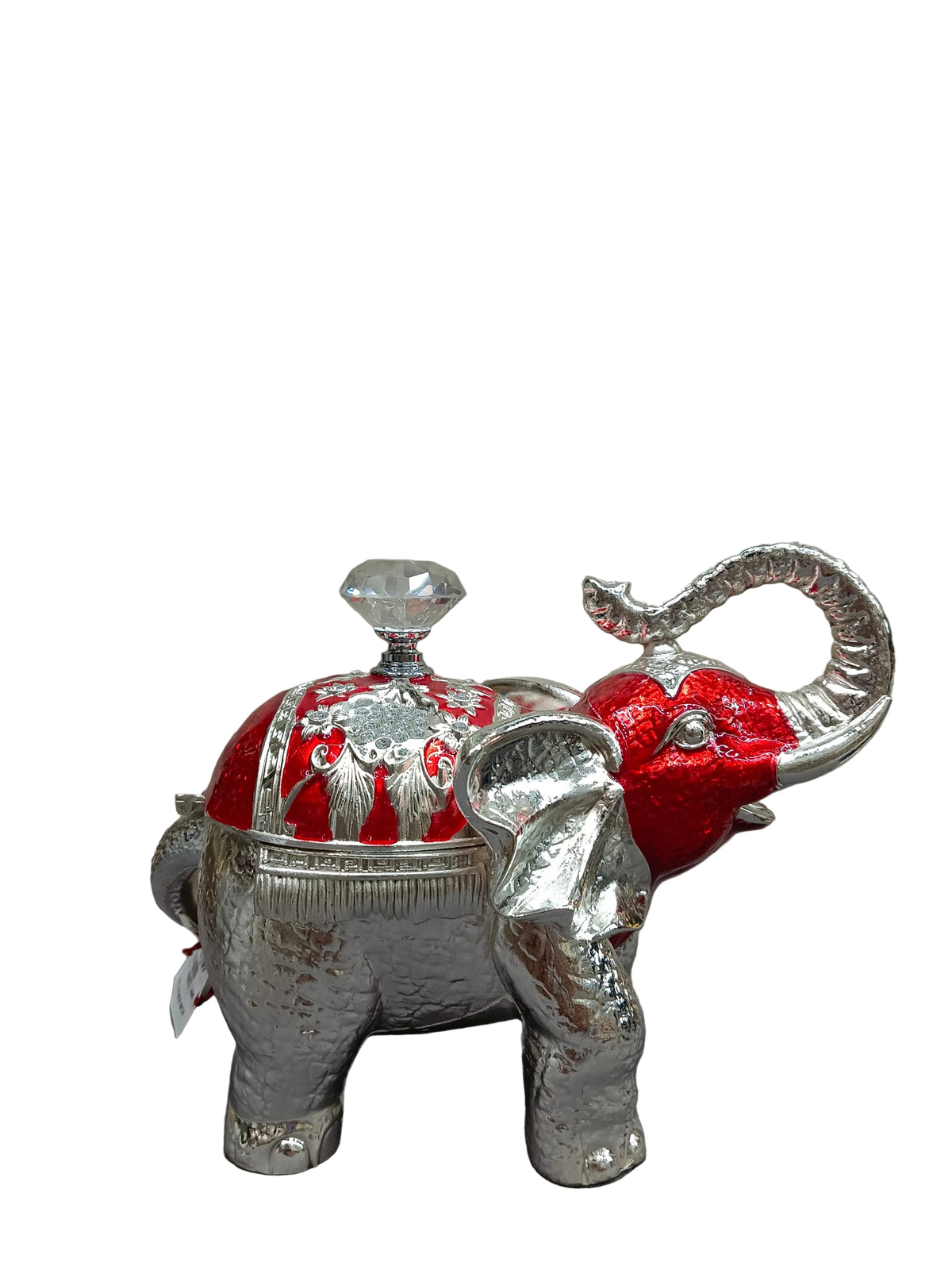 Silver & Red Elephant Bowl with Lid – Crystal Knob Decor