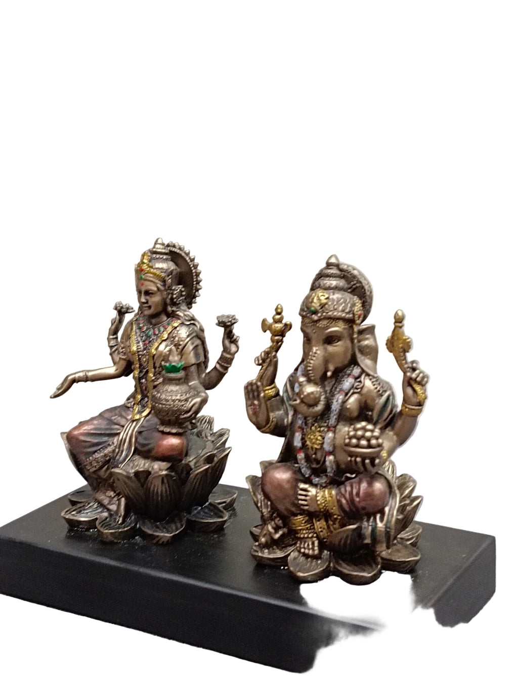 Lakshmi Ganesh Idol Set on Lotus with Base – Bronze Finish