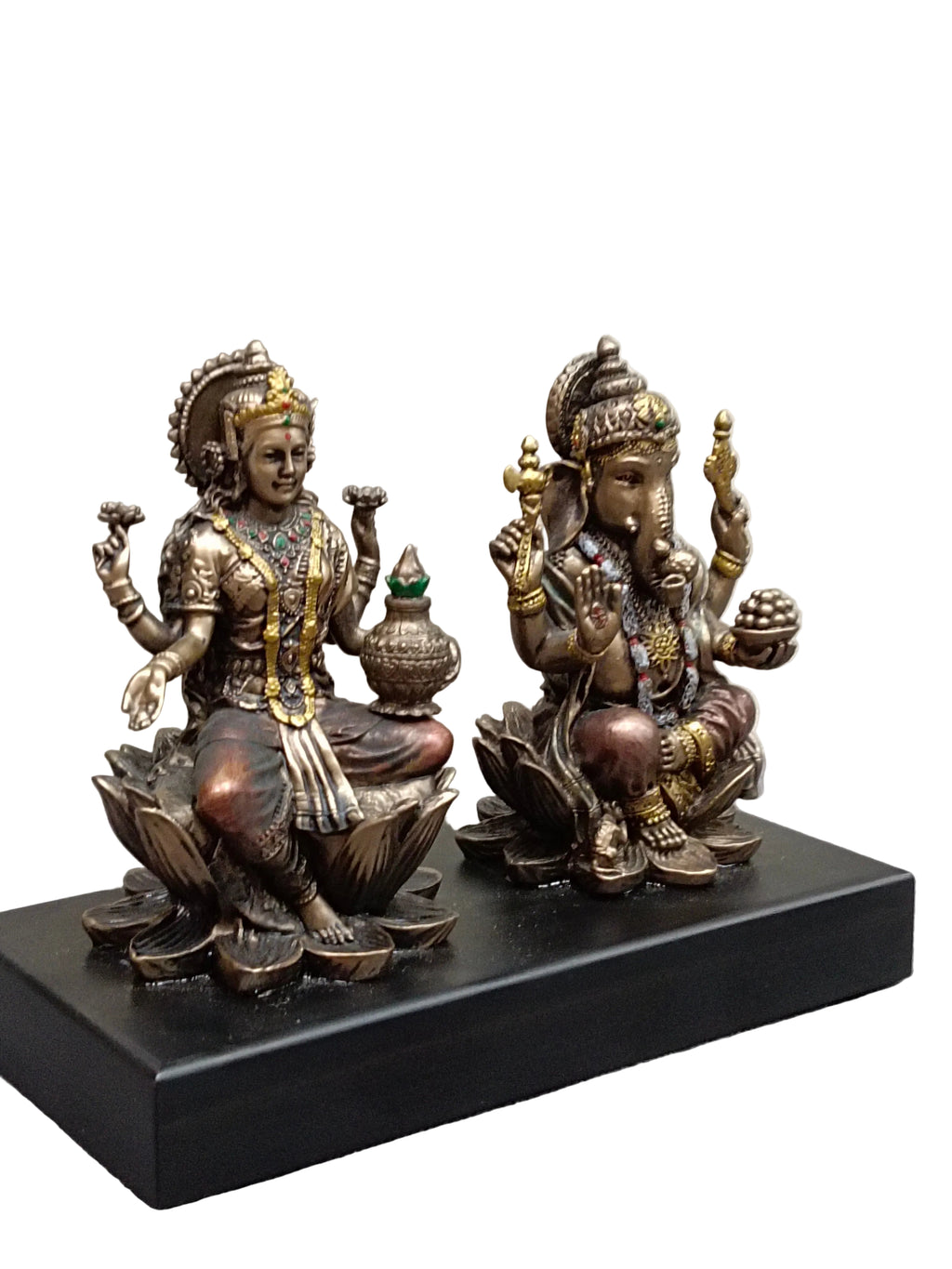 Lakshmi Ganesh Idol Set on Lotus with Base – Bronze Finish