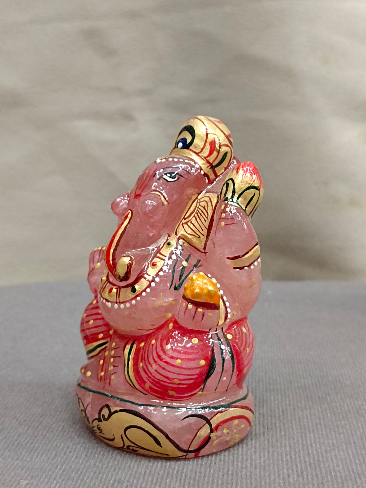 Rose Quartz Ganesh Idol – Hand-Painted Small Murti