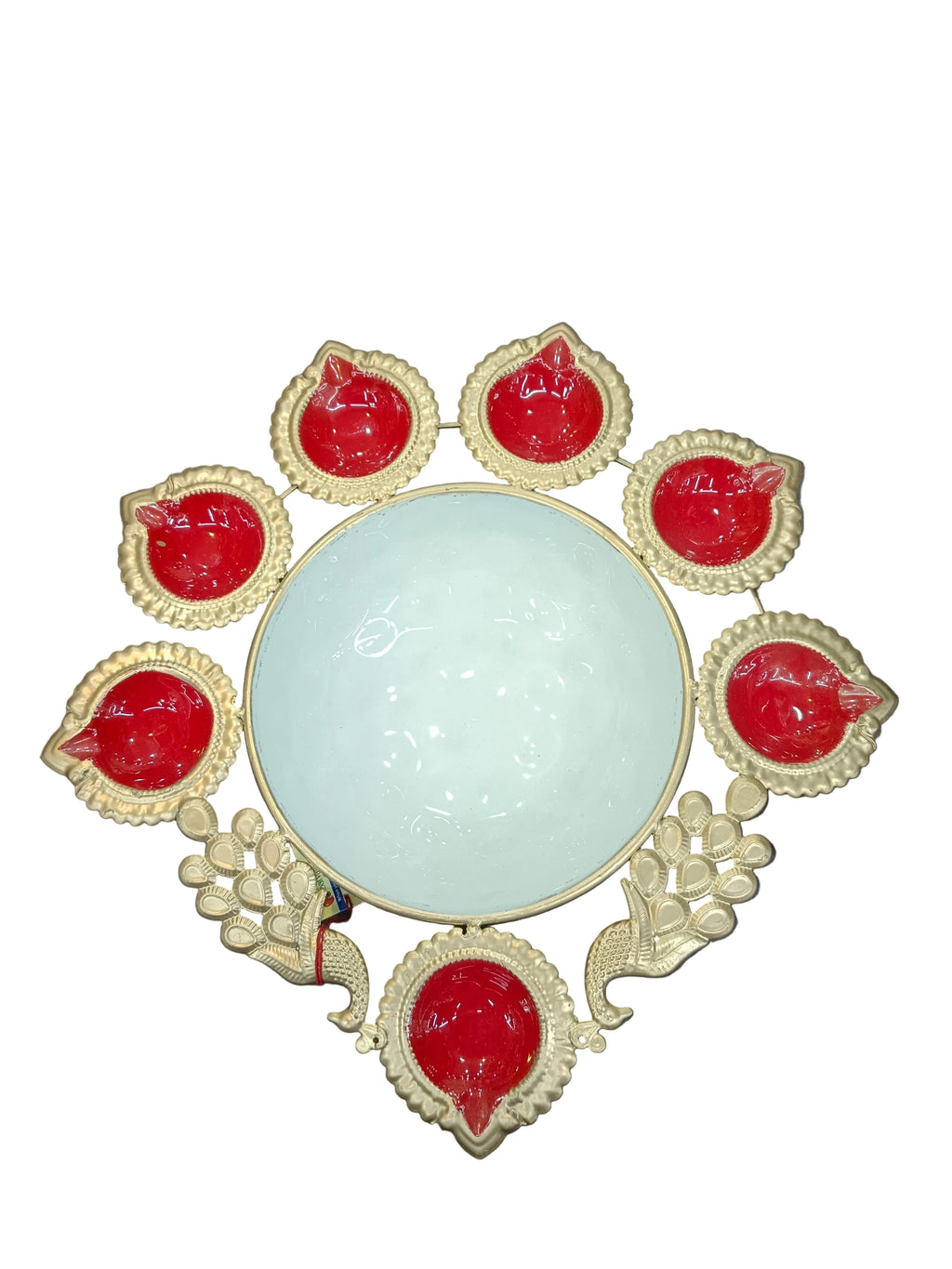 Peacock Urli Bowl with 7 Diyas – Red & Gold Diwali Decor