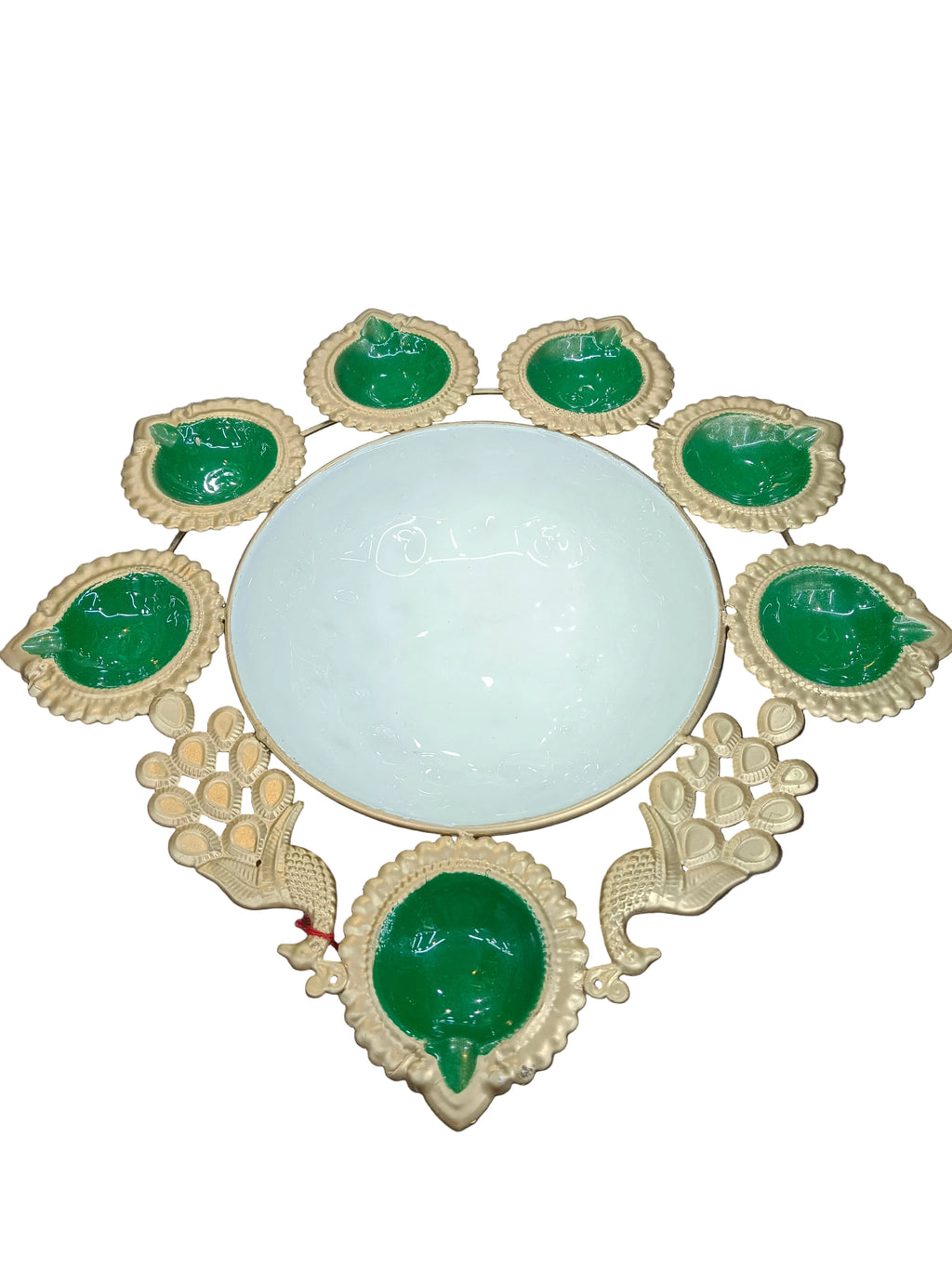 Peacock Urli Bowl with 7 Diyas – Green & Gold Diwali Decor