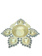 Gold Crystal Diya Urli with 5 Diyas & Peacocks – 13 Inch