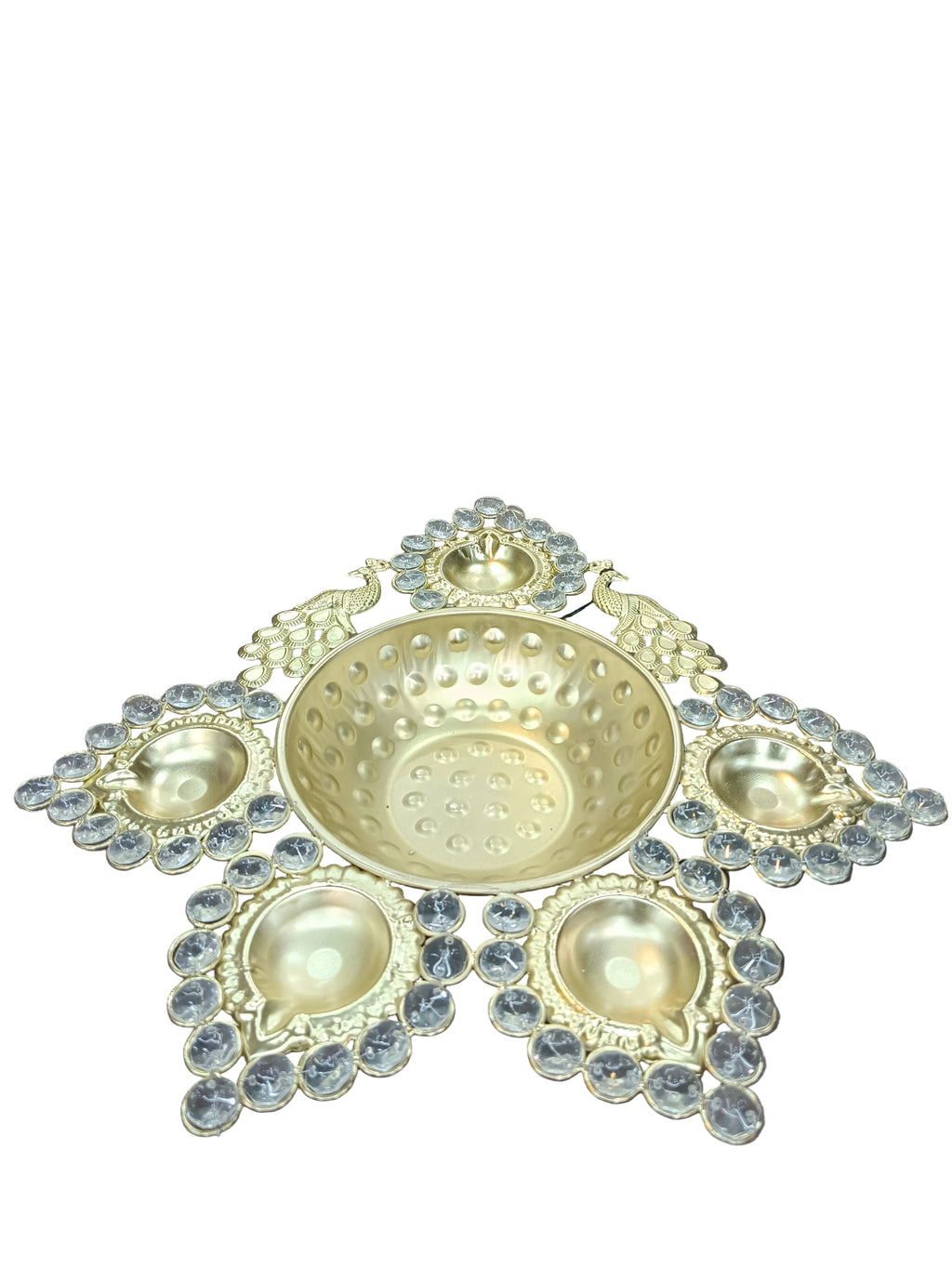 Gold Crystal Diya Urli with 5 Diyas & Peacocks – 13 Inch