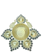 Gold Crystal Diya Urli with 5 Diyas & Peacocks – 13 Inch