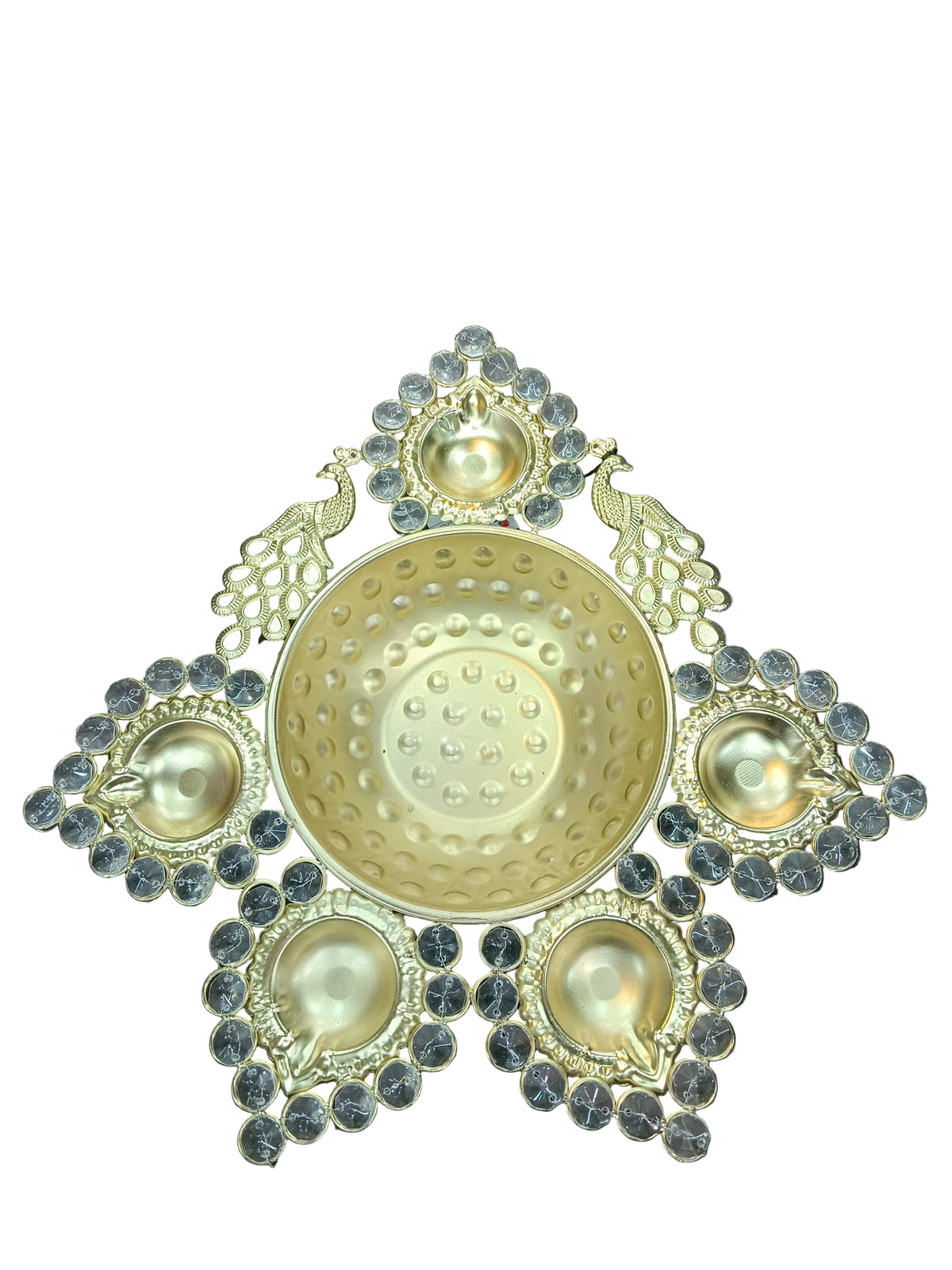 Gold Crystal Diya Urli with 5 Diyas & Peacocks – 13 Inch