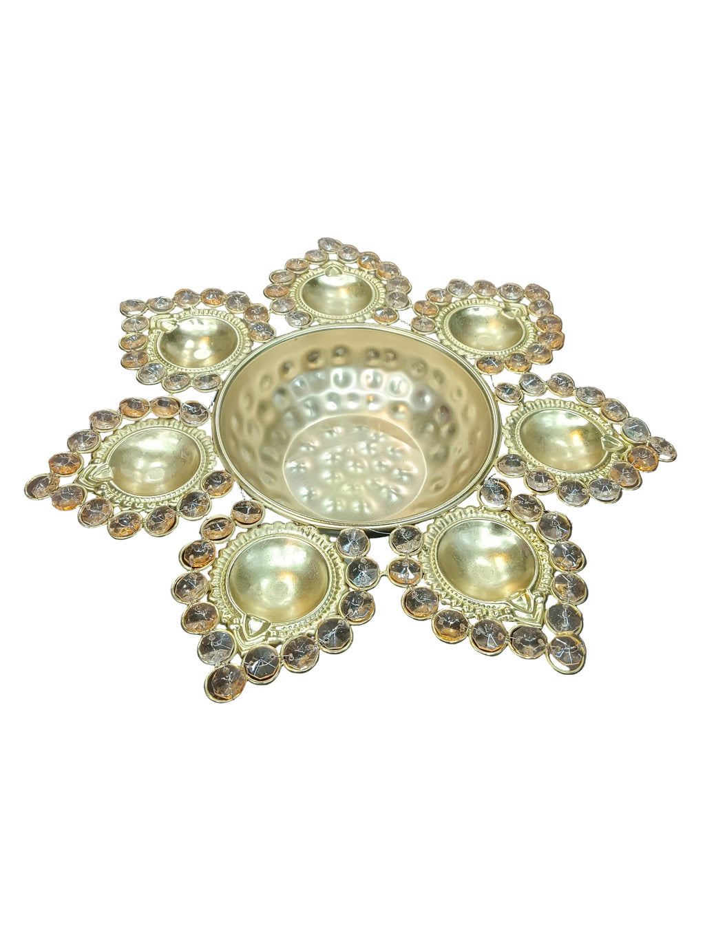 Gold Crystal Flower Urli with 7 Diyas – 13 Inch Diwali Decor