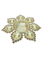 Gold Crystal Flower Urli with 7 Diyas – 13 Inch Diwali Decor