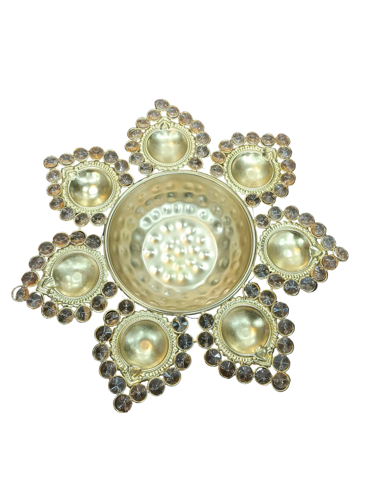 Gold Crystal Flower Urli with 7 Diyas – 13 Inch Diwali Decor