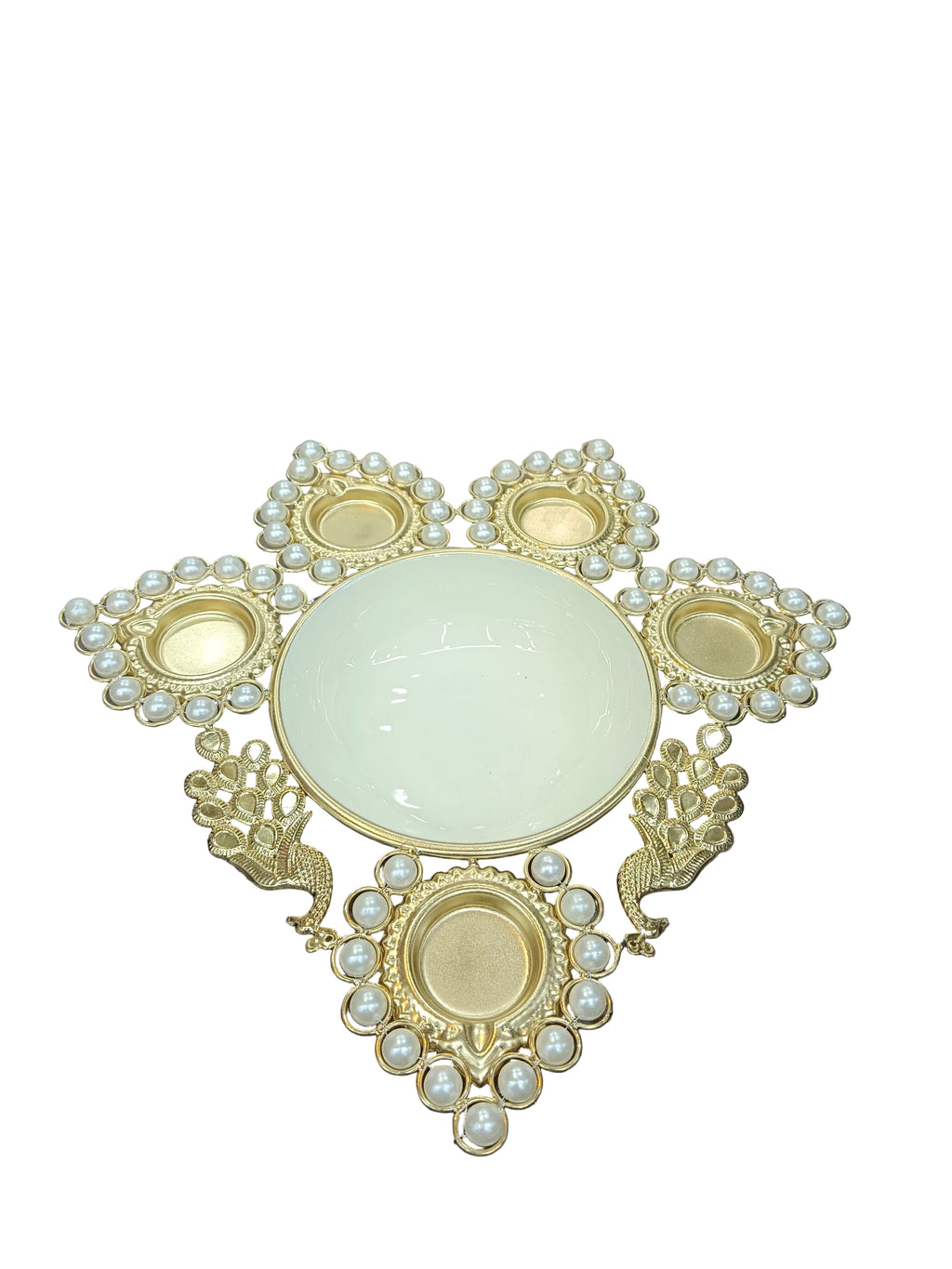Gold Pearl Diya Urli with 5 Diyas & Peacocks – 13 Inch