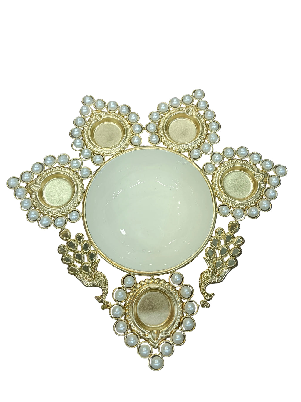 Gold Pearl Diya Urli with 5 Diyas & Peacocks – 13 Inch