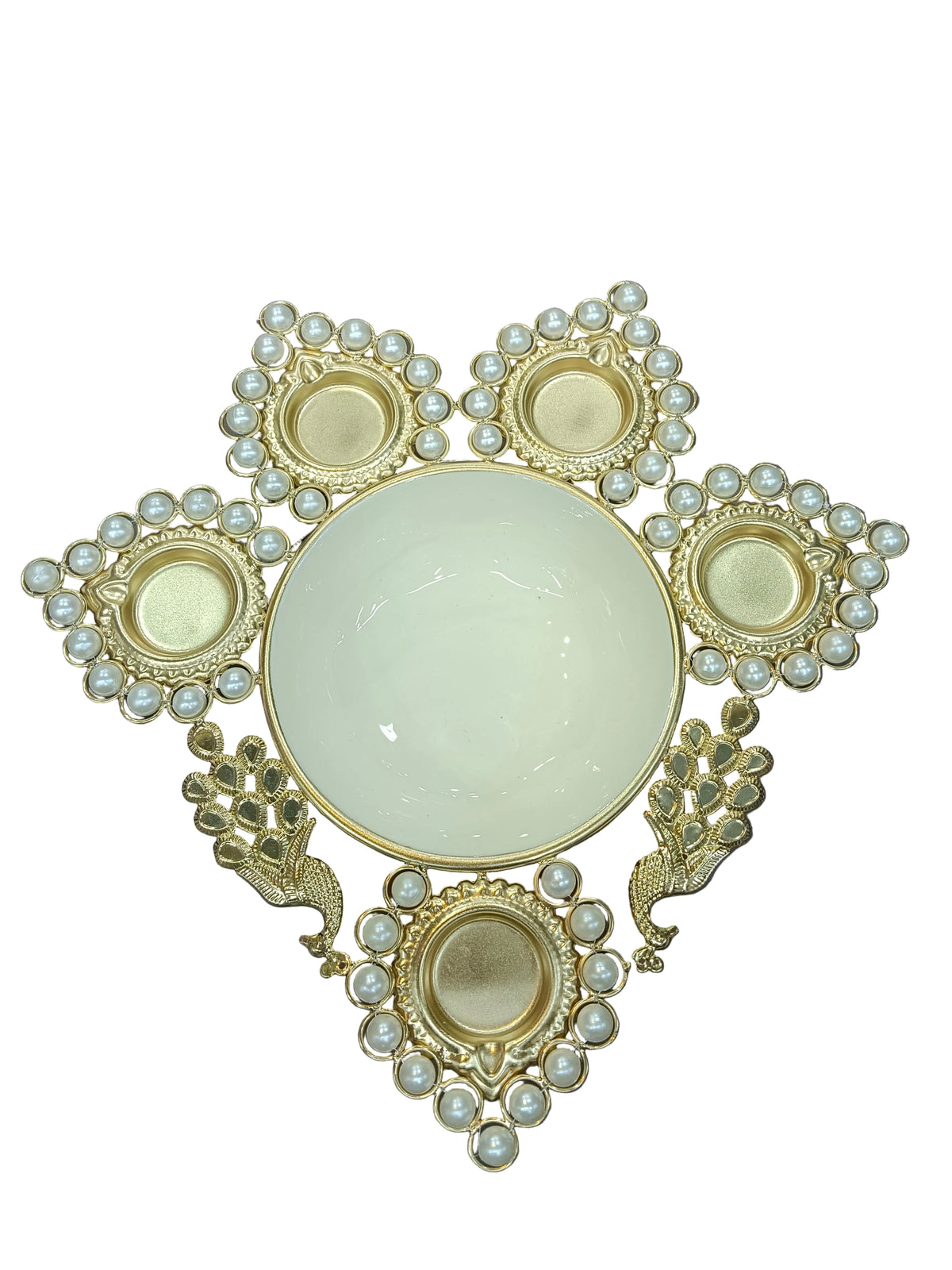 Gold Pearl Diya Urli with 5 Diyas & Peacocks – 13 Inch