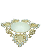 Gold Pearl Diya Urli with 5 Diyas & Peacocks – 13 Inch