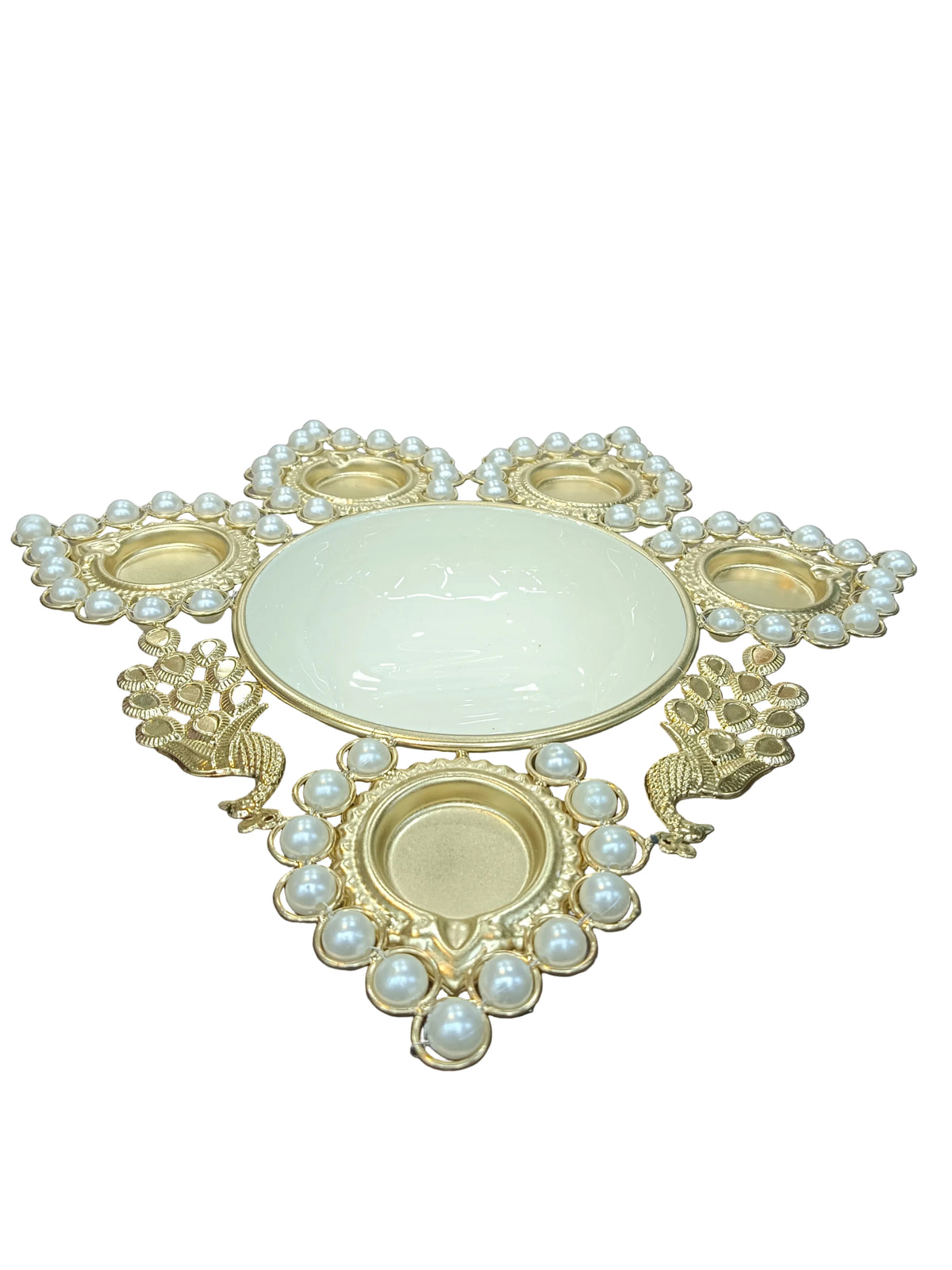 Gold Pearl Diya Urli with 5 Diyas & Peacocks – 13 Inch