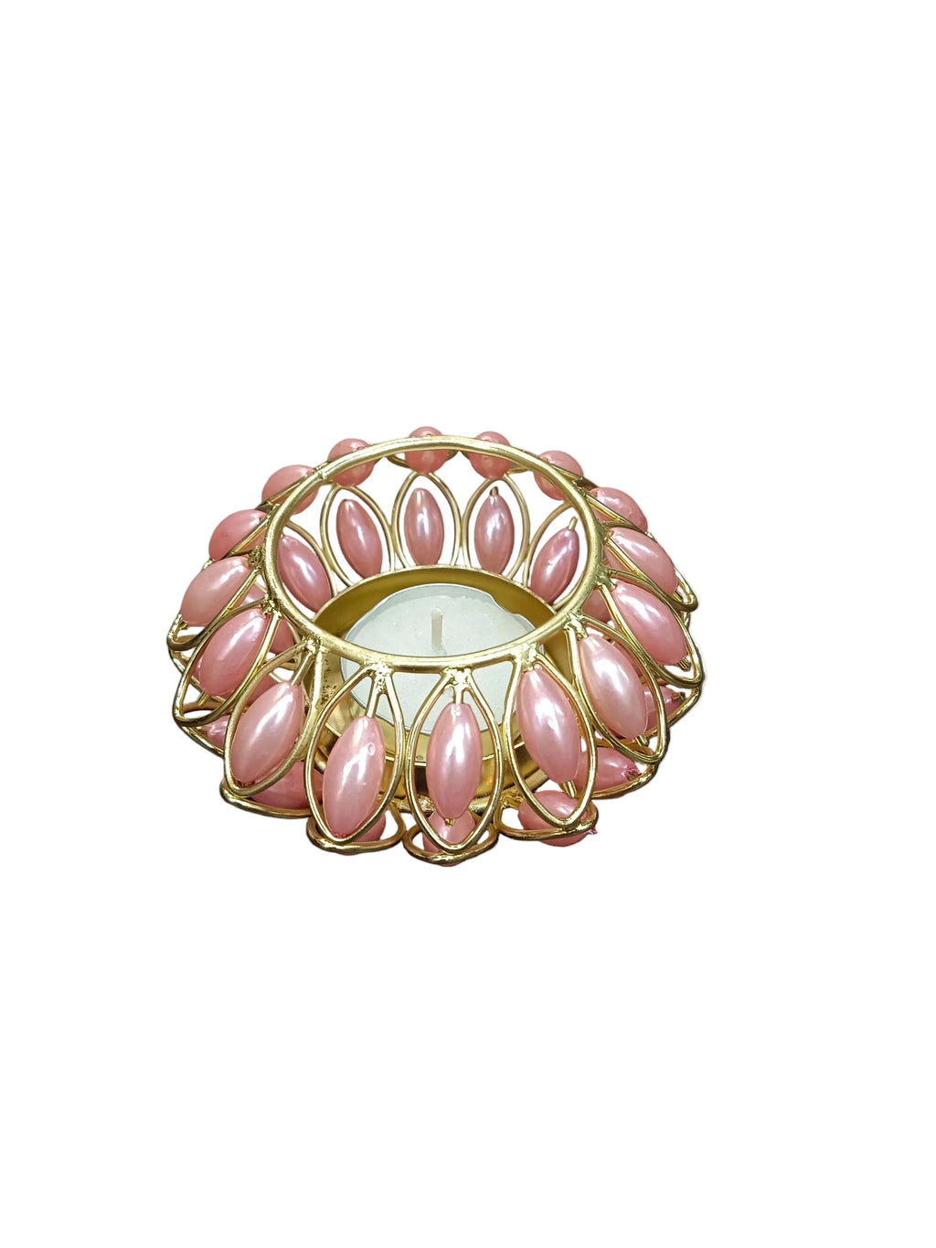 Gold Lotus Tealight Holder with Pink Pearl Beads – Diwali Decor