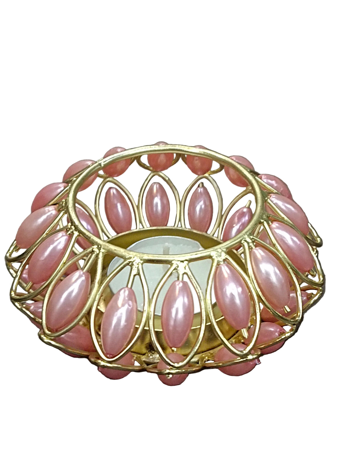 Gold Lotus Tealight Holder with Pink Pearl Beads – Diwali Decor