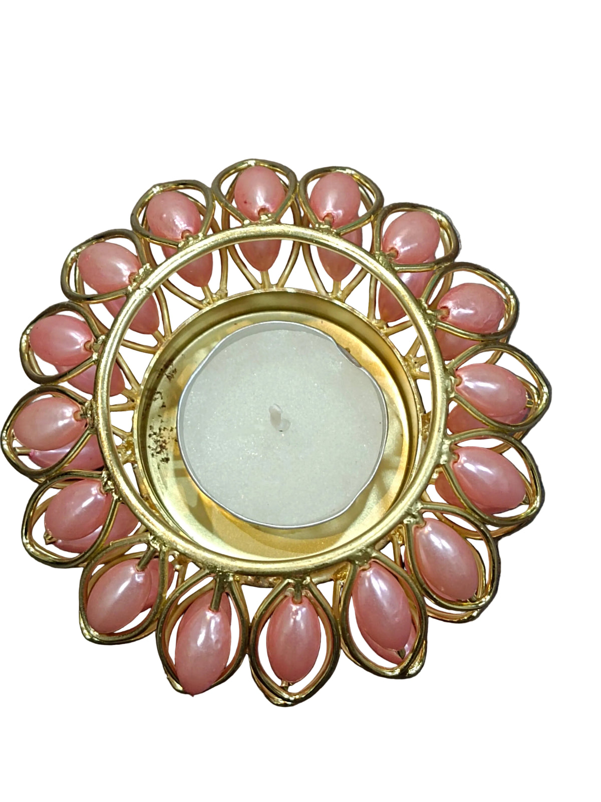 Gold Lotus Tealight Holder with Pink Pearl Beads – Diwali Decor