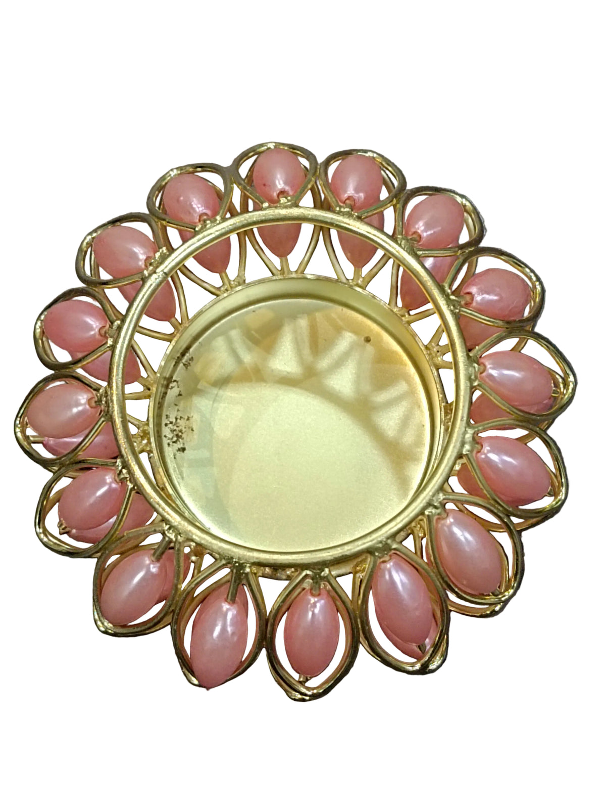Gold Lotus Tealight Holder with Pink Pearl Beads – Diwali Decor