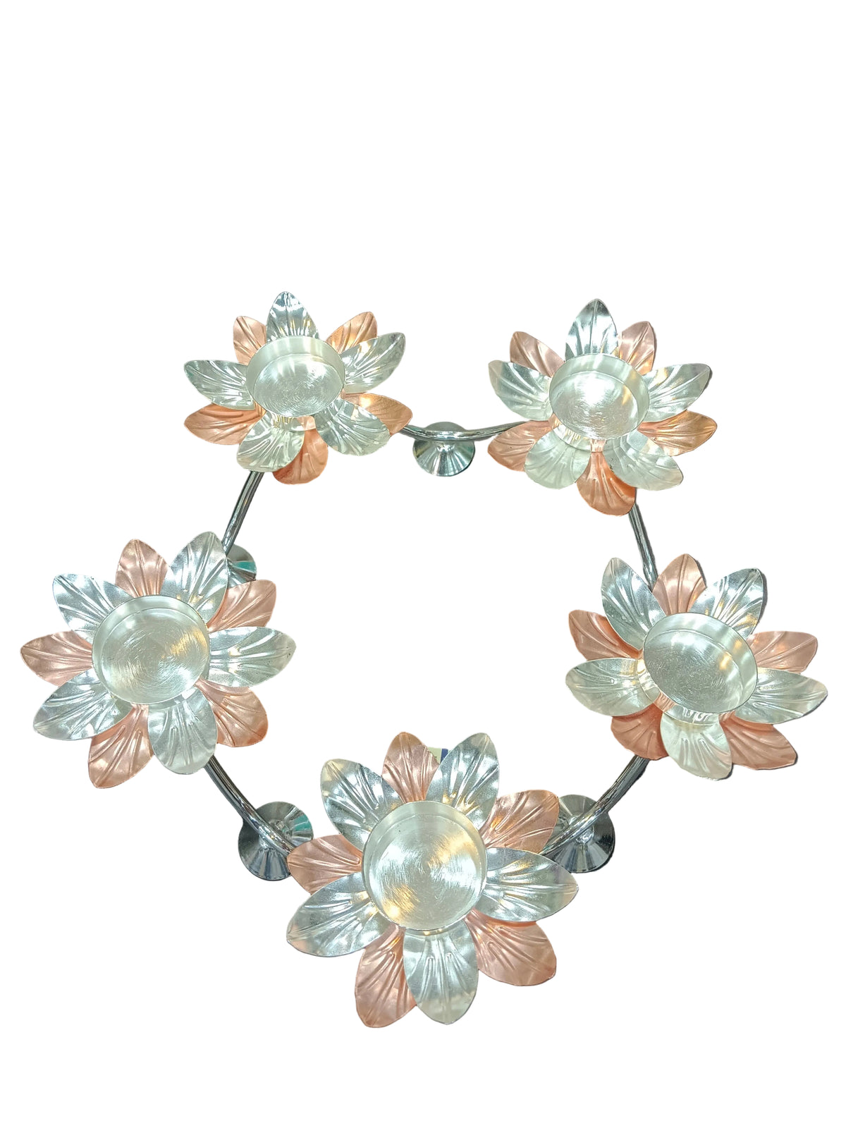 Silver & Copper 5 Lotus Tealight Candle Holder – 13 Inch Ring Stand