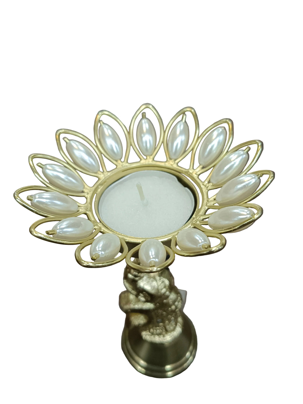 Gold Elephant Tealight Holder with Pearl Lotus – Diwali Diya Stand
