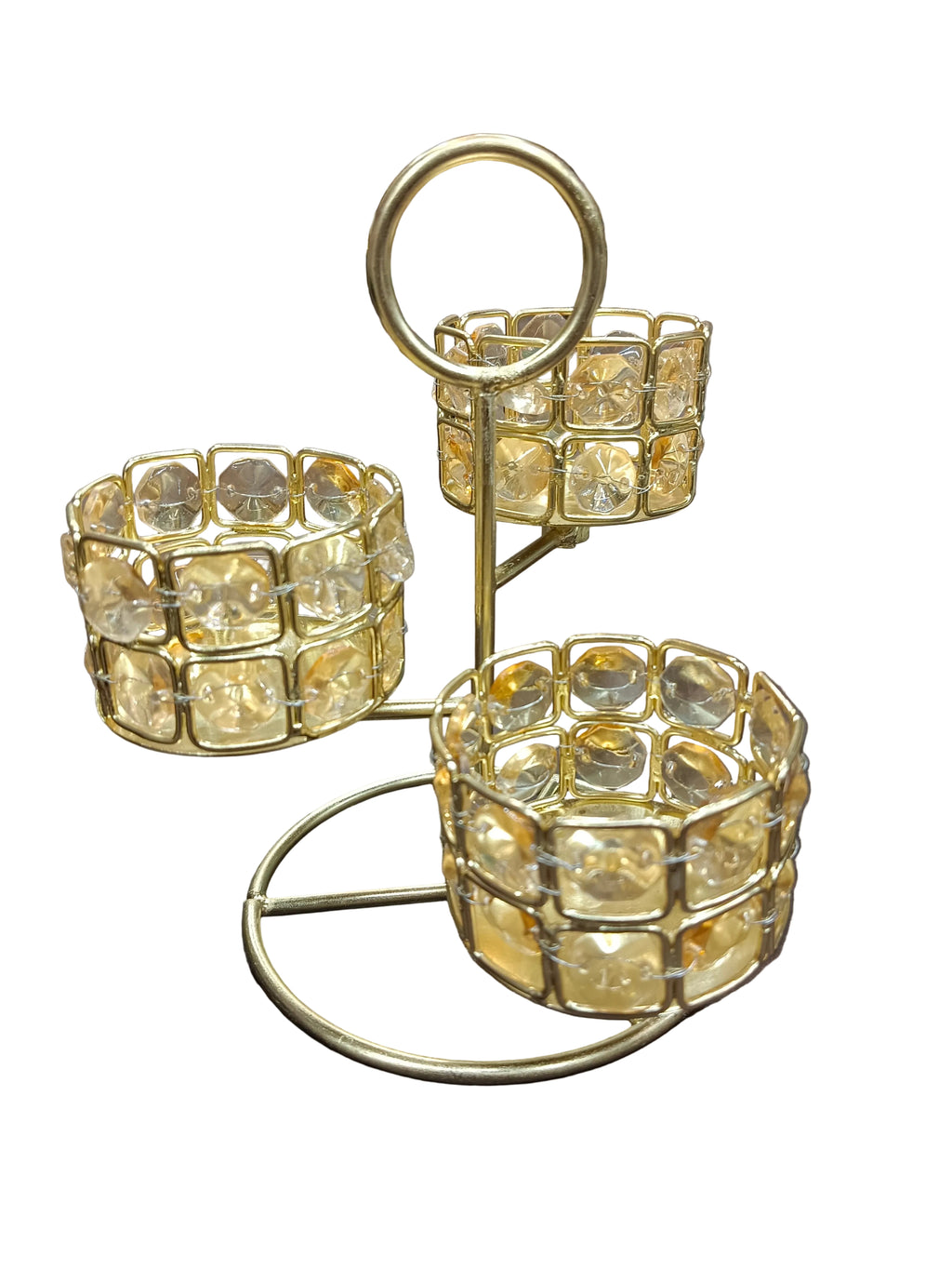 Gold 3-Tier Crystal Tealight Holder Stand with Handle