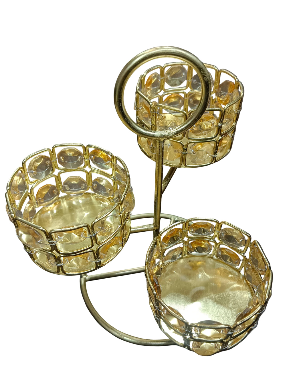 Gold 3-Tier Crystal Tealight Holder Stand with Handle