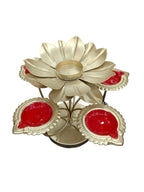 Gold Lotus Tealight Holder with 4 Red Diyas – Diwali Diya Stand