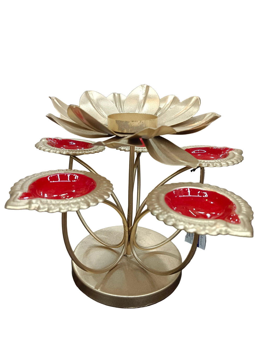 Gold Lotus Tealight Holder with 4 Red Diyas – Diwali Diya Stand