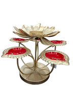 Gold Lotus Tealight Holder with 4 Red Diyas – Diwali Diya Stand