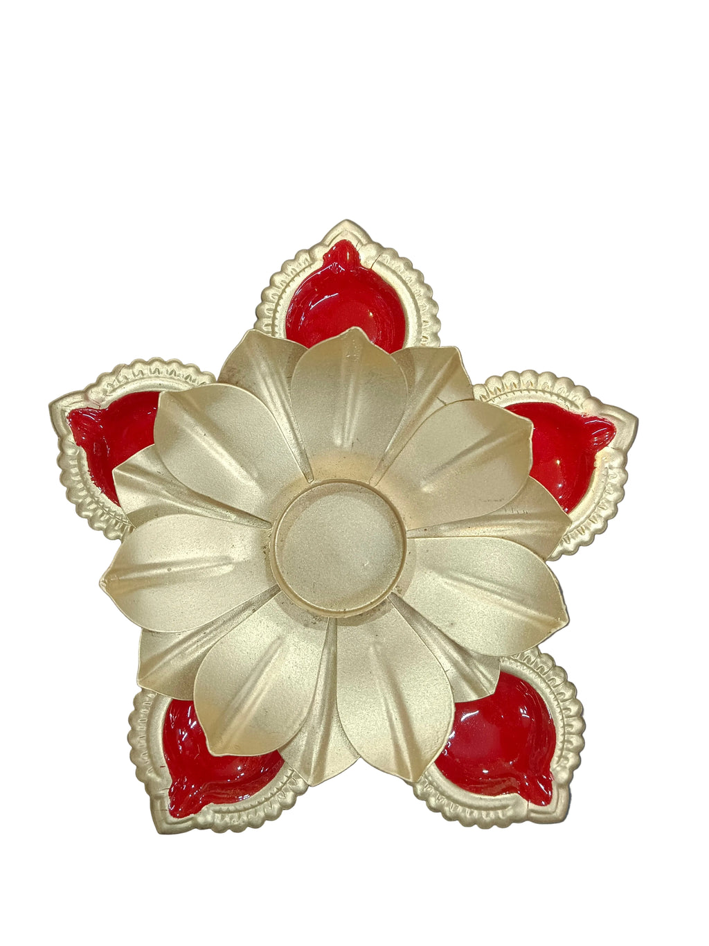 Gold Lotus Tealight Holder with 4 Red Diyas – Diwali Diya Stand