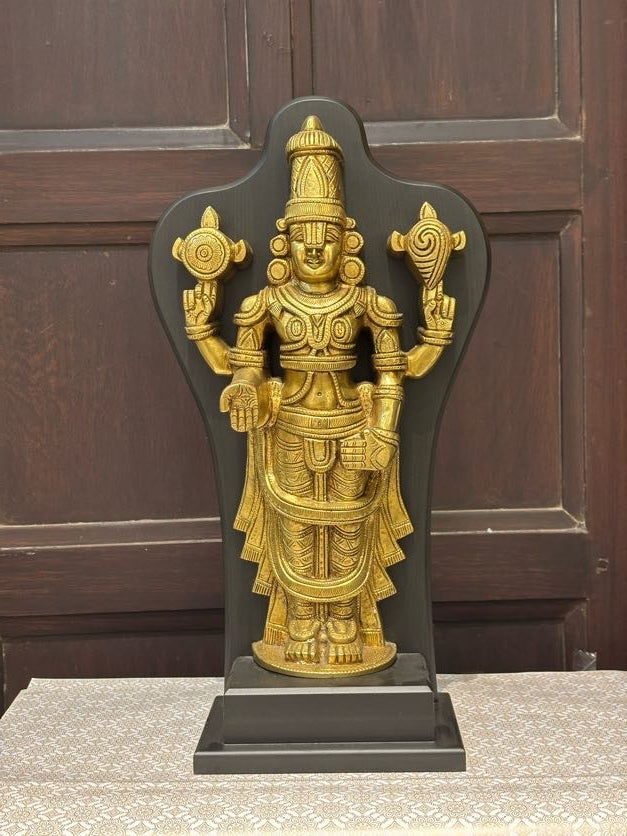 Lord Vishnu Brass Idol with Black Frame – Standing Shankha Chakra Statue