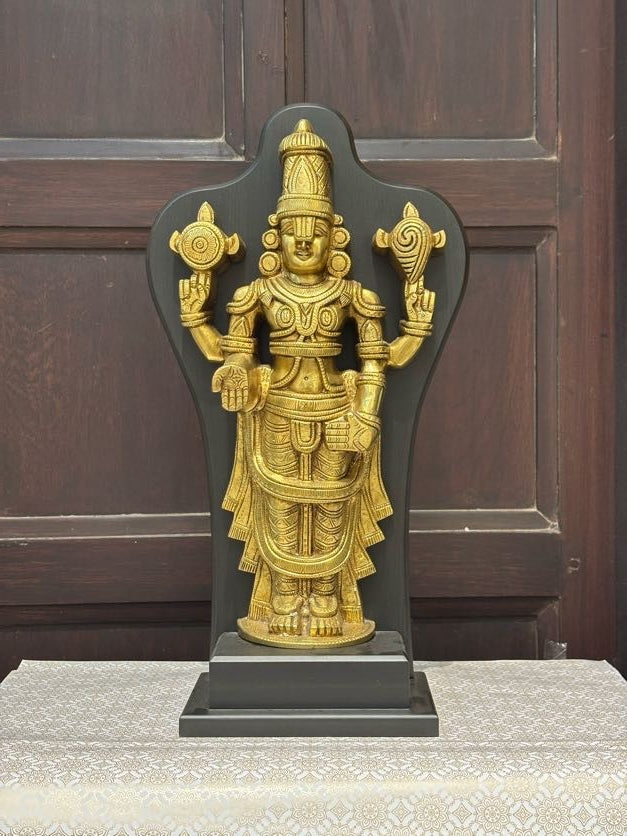 Lord Vishnu Brass Idol with Black Frame – Standing Shankha Chakra Statue