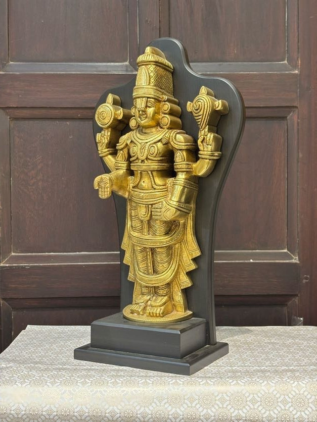 Lord Vishnu Brass Idol with Black Frame – Standing Shankha Chakra Statue