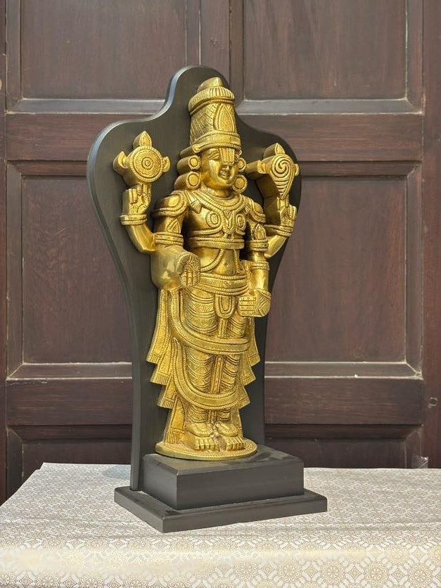 Lord Vishnu Brass Idol with Black Frame – Standing Shankha Chakra Statue