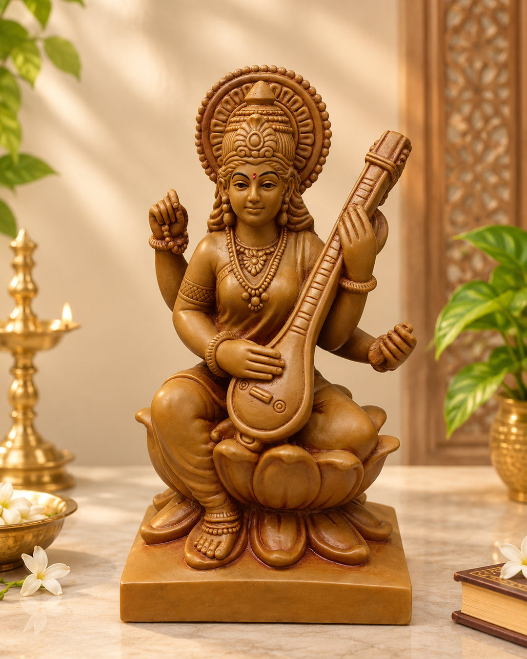 Goddess Saraswati on Lotus with Veena – Traditional Fiber Statue