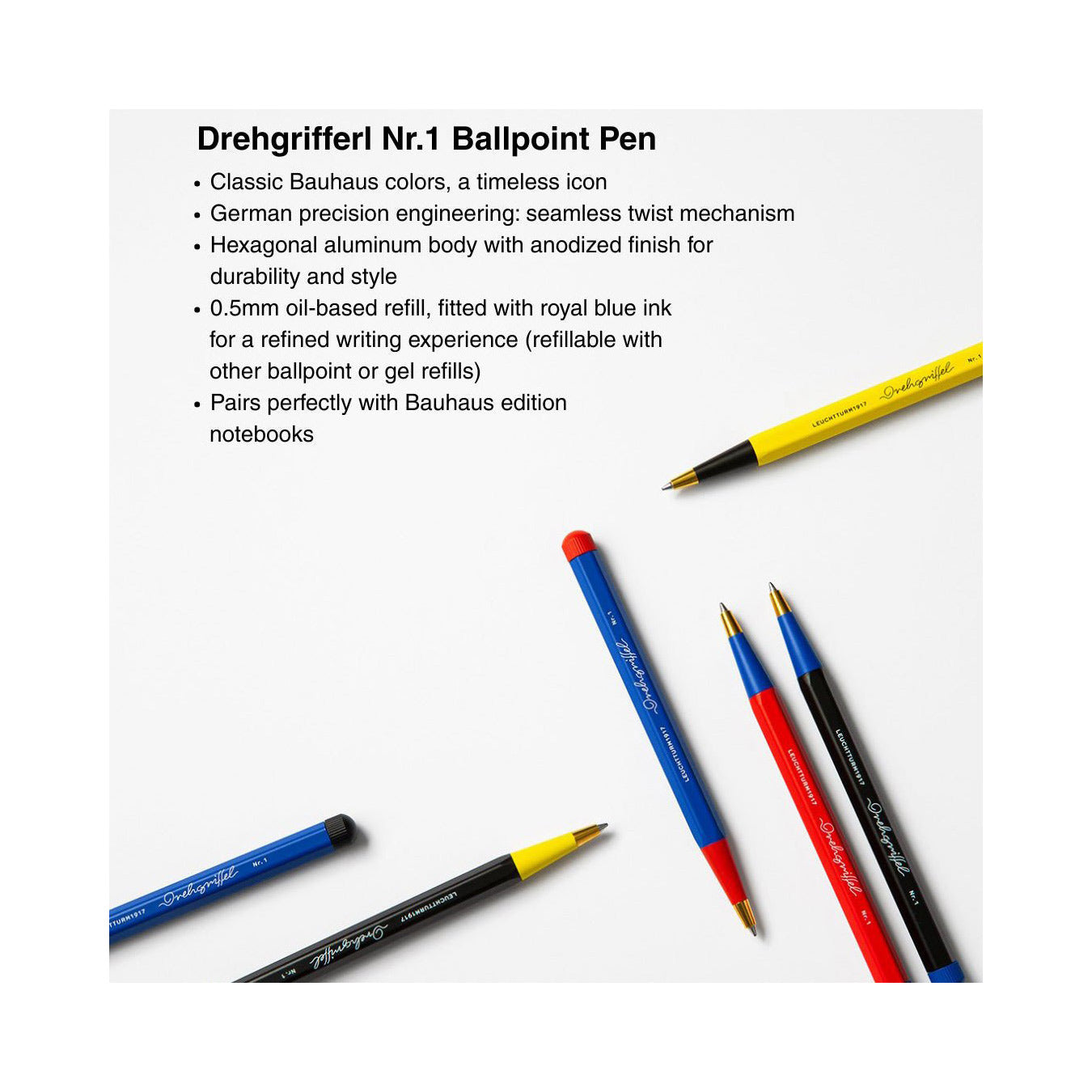 LEUCHTTURM1917 Ball Point Pen with Royal Blue Ink | Bauhaus Edition | Drehgriffel No. 1 | Red/Royal Blue | Twist Mechanism