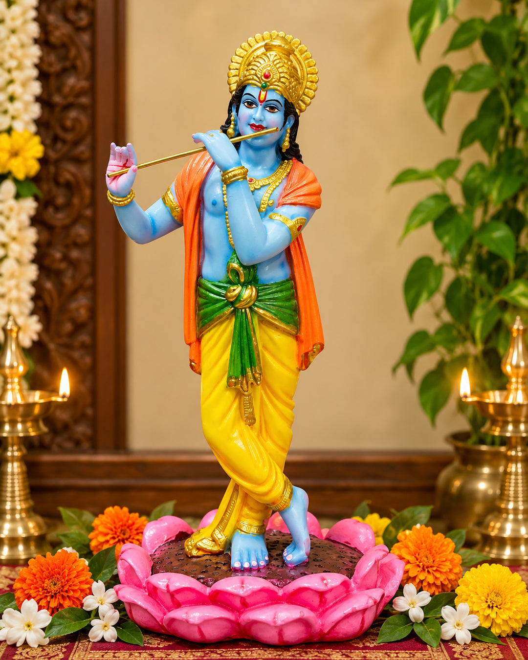 Krishna Fiber Statue with Flute – Traditional Krishna Idol