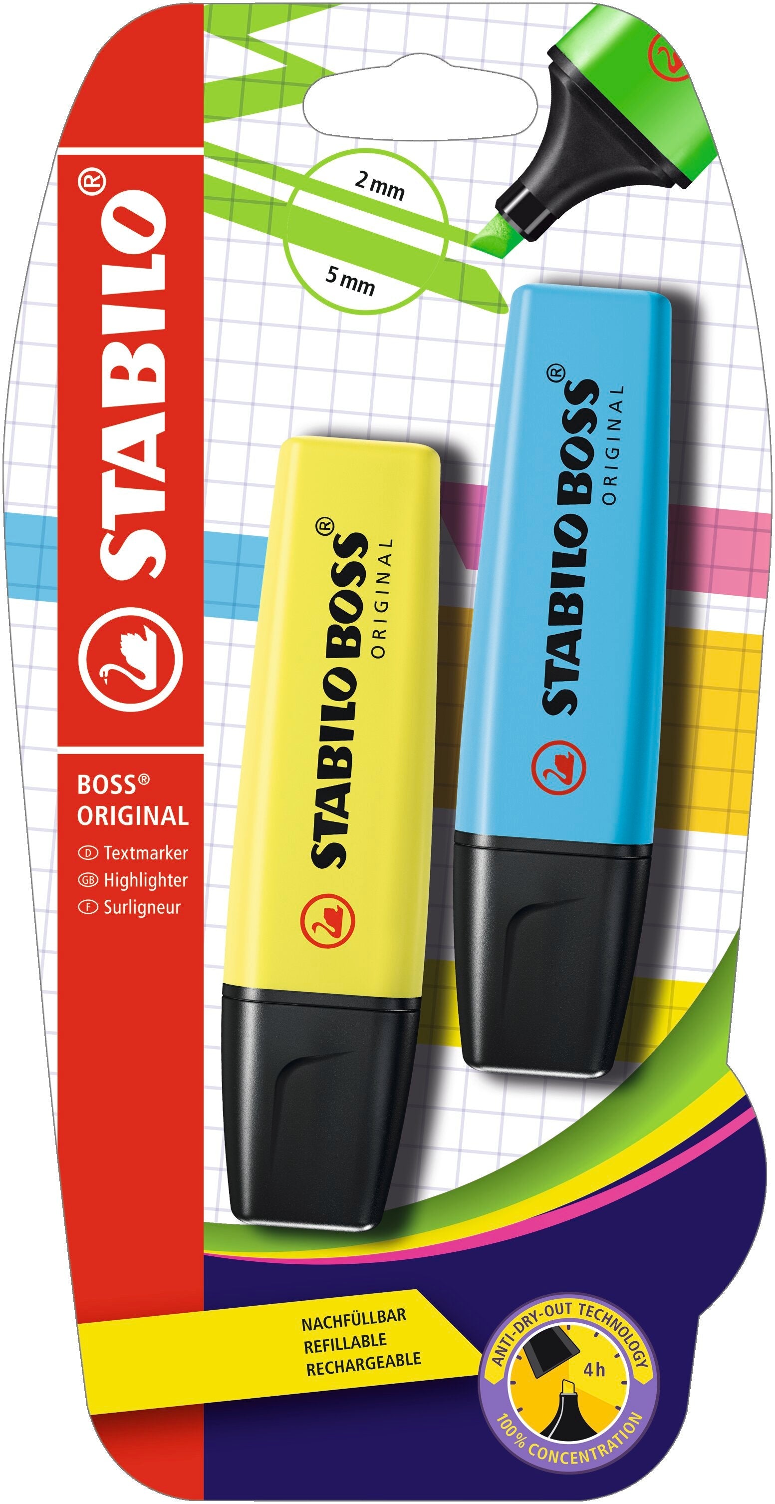 Stabilo Boss Highlighter-Pack Of 2  Blister-Yellow/Blue